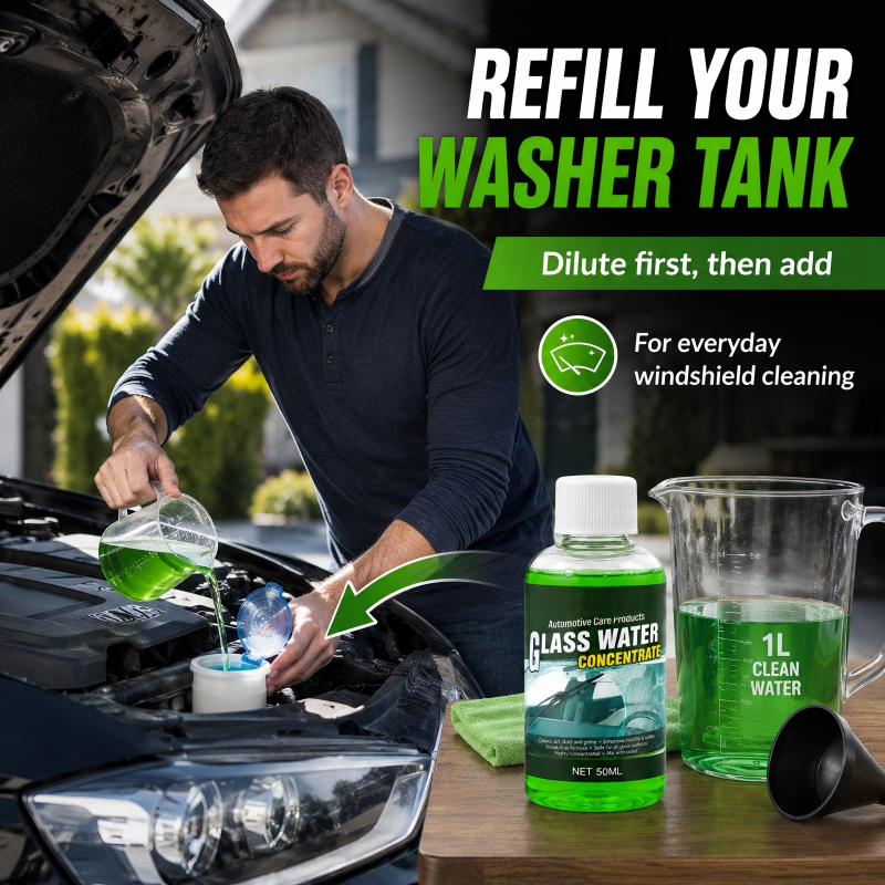🔥50% OFF! Automotive Glass Water Concentrate – Just Dilute & Pour! Streak-Free Visibility, Fights Bugs & Road Grime! 🚗✨