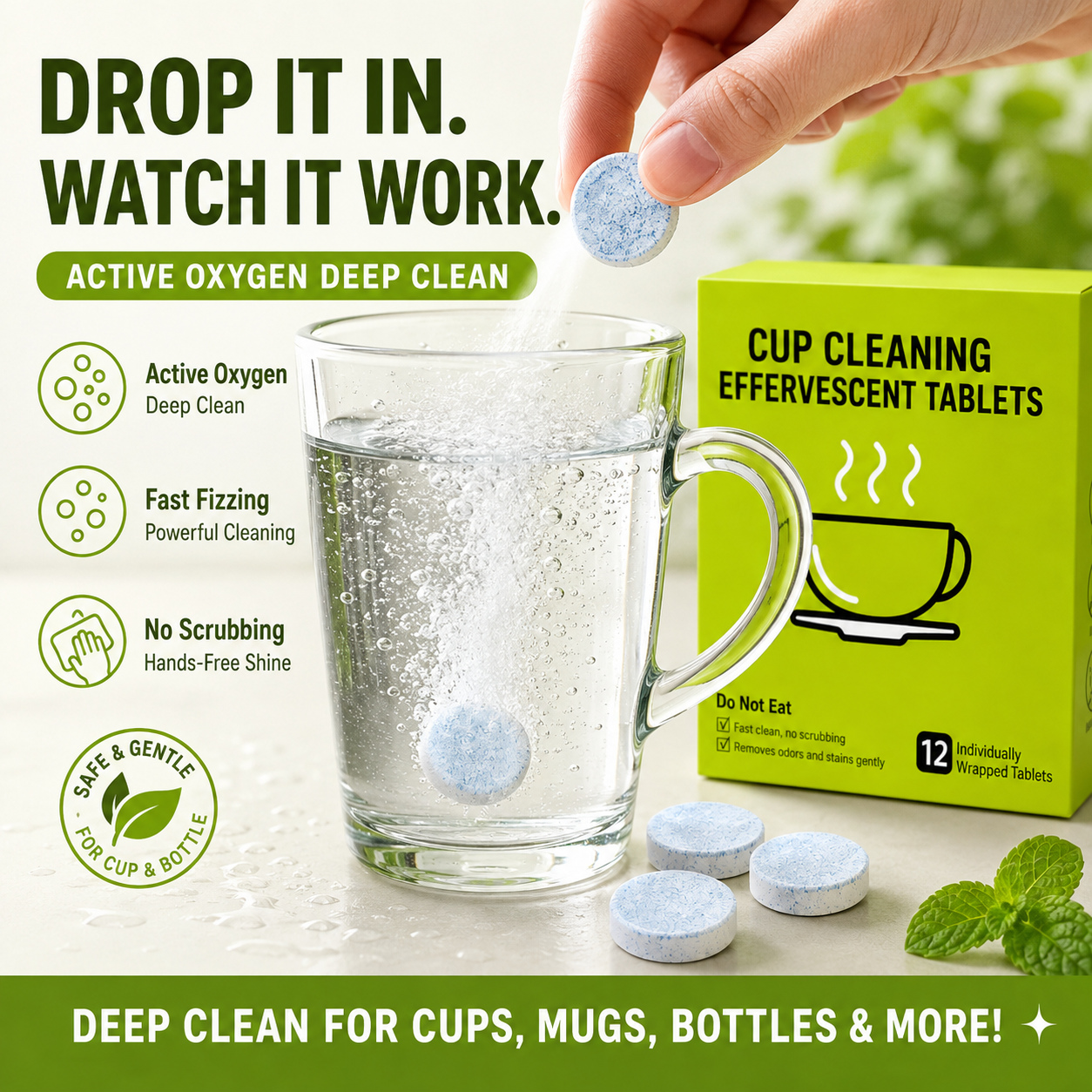 12-Pack Active Oxygen Cup Cleaning Effervescent Tablets
