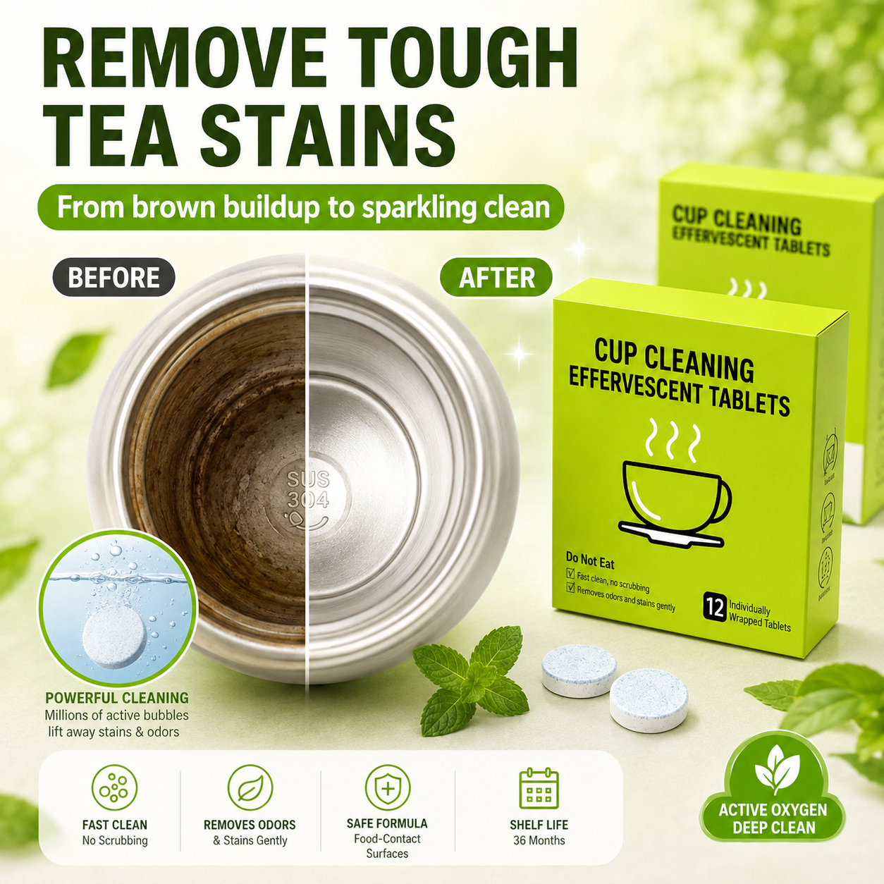 12-Pack Active Oxygen Cup Cleaning Effervescent Tablets