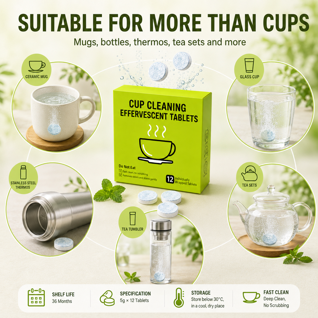 12-Pack Active Oxygen Cup Cleaning Effervescent Tablets