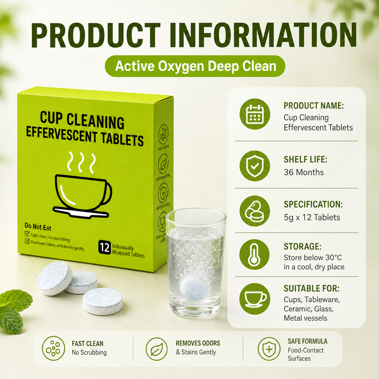 12-Pack Active Oxygen Cup Cleaning Effervescent Tablets