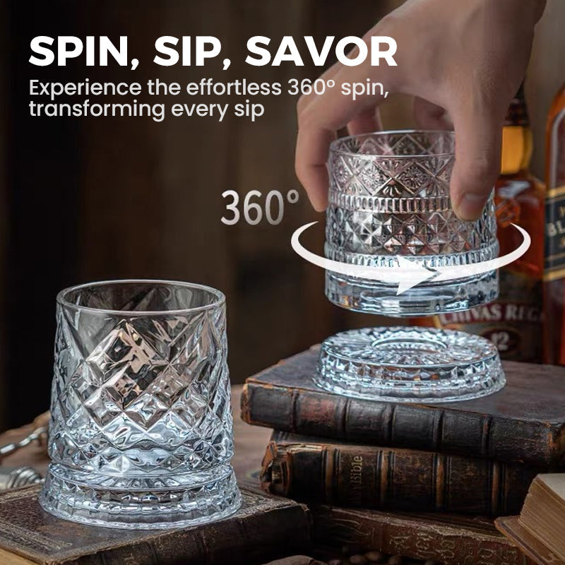 🥃🔥 50% OFF! 360° Rotating Whiskey Glass Tumbler – Smooth Swivel Base, Crystal Clear Glass, Heavy Bottom for Balanced Sipping ✨