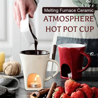🍫🎄50% OFF NOW! Ceramic Chocolate Fondue Mug – Tealight Melting Cup for Chocolate & Cheese, Portable Dipping Pot for Romantic Date, Family Party & Christmas Gatherin