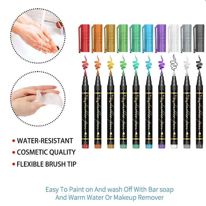 Cosmetic Grade Temporary Tattoo Markers for Skin, 10/15 Vibrant Colors Flexible Brush Tip Pens,, High Detail, Face Makeup Halloween, None Toxic, Office Stationery Writing Tool
