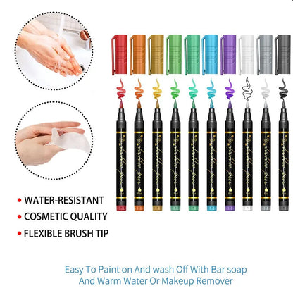 Cosmetic Grade Temporary Tattoo Markers for Skin, 10/15 Vibrant Colors Flexible Brush Tip Pens,, High Detail, Face Makeup Halloween, None Toxic, Office Stationery Writing Tool
