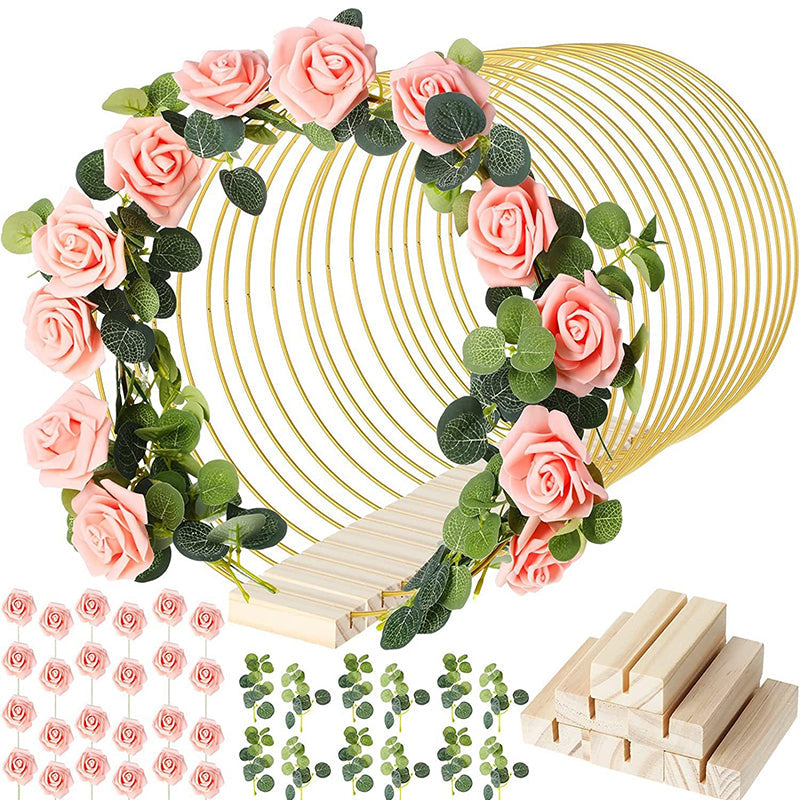 ⏳Limited-time 50% off⏰Gold Metal Floral Hoop Centerpiece with Wooden Stand🌸✨