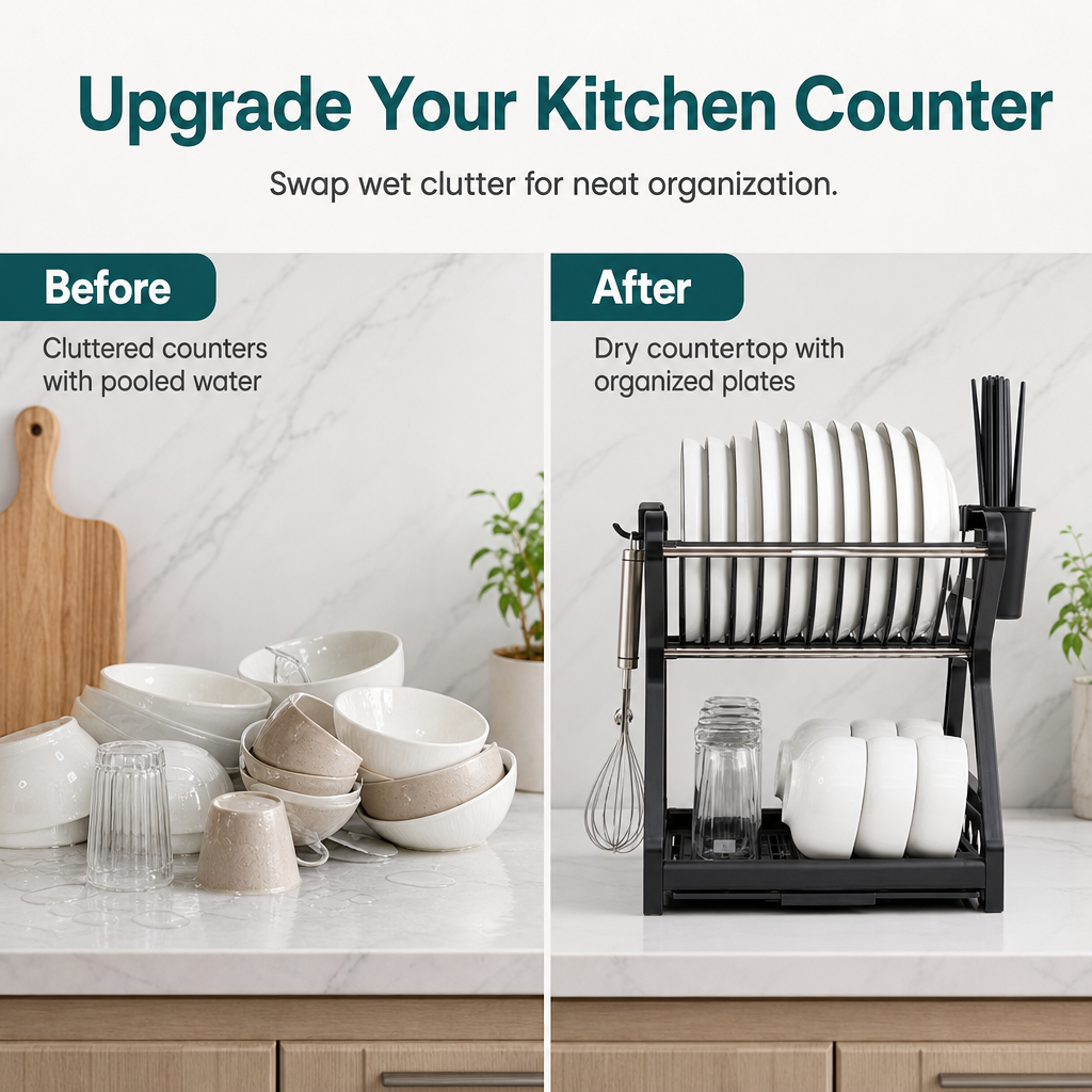 🍽️ ⚡ Multi-Layer Steel Dish Drying Rack – Vertical Storage, Drip Tray, Tool-Free Install ✨