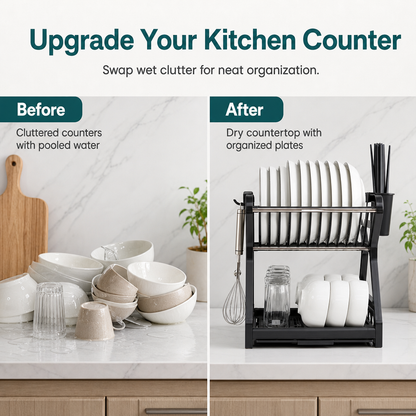 🍽️ ⚡ Multi-Layer Steel Dish Drying Rack – Vertical Storage, Drip Tray, Tool-Free Install ✨