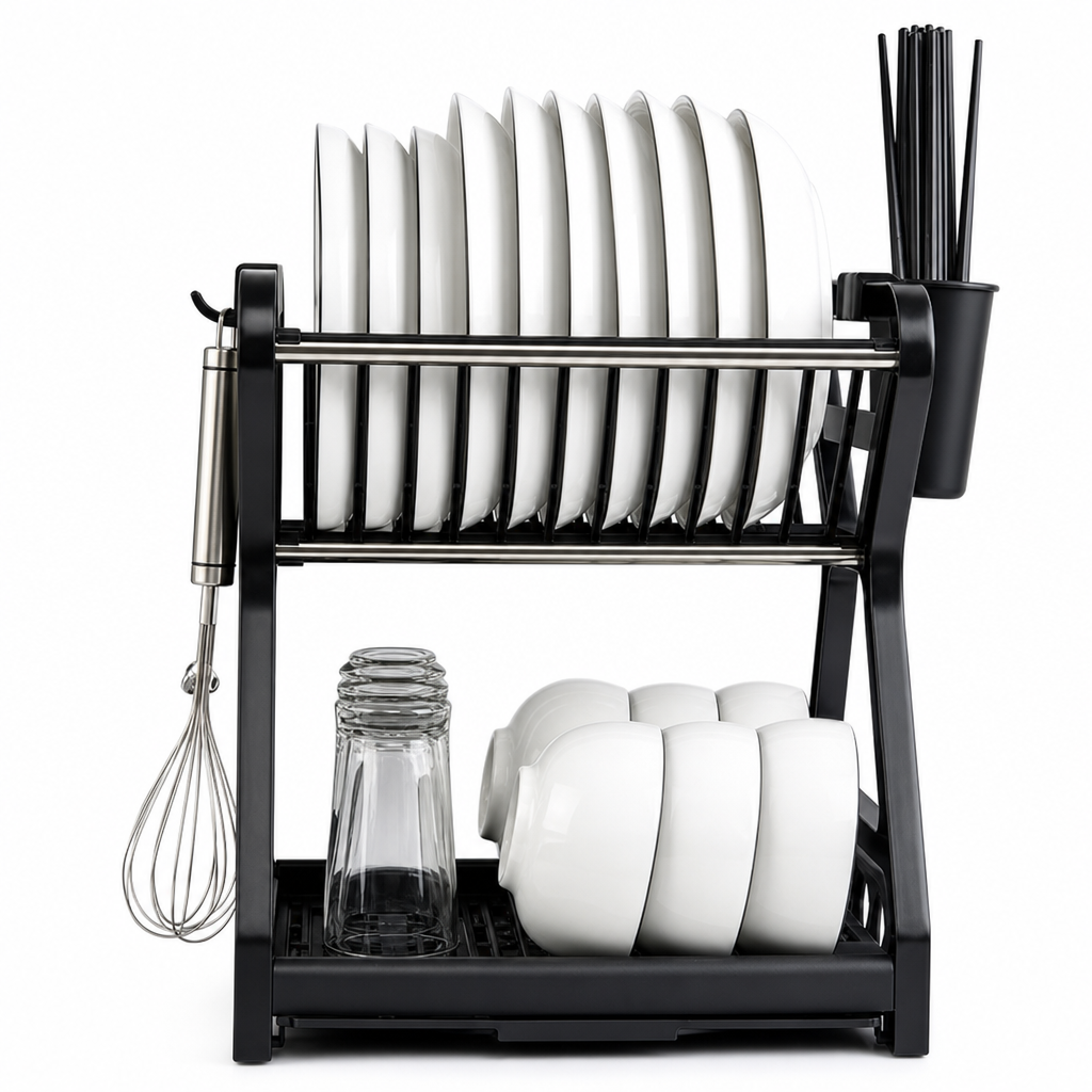 🍽️ ⚡ Multi-Layer Steel Dish Drying Rack – Vertical Storage, Drip Tray, Tool-Free Install ✨