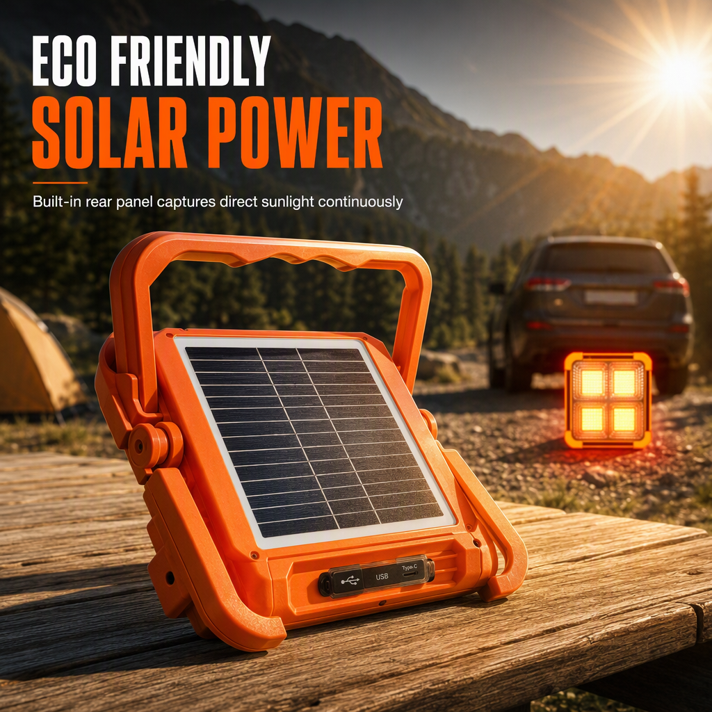 Solar Powered Portable Emergency Light and Outdoor Camping Floodlight with USB Phone Charging Function