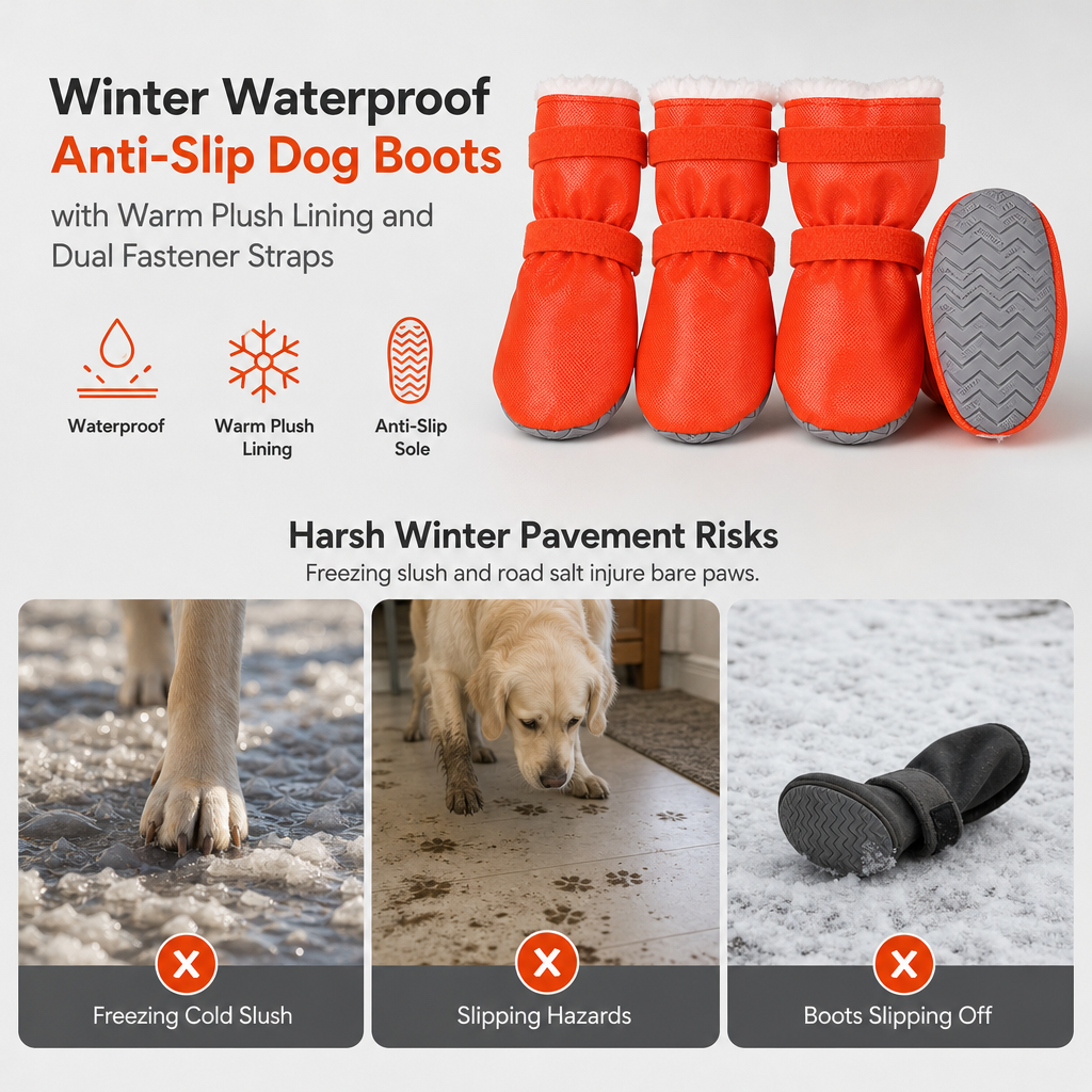 Waterproof Warm Winter Dog Boots with Non-Slip Soft Soles