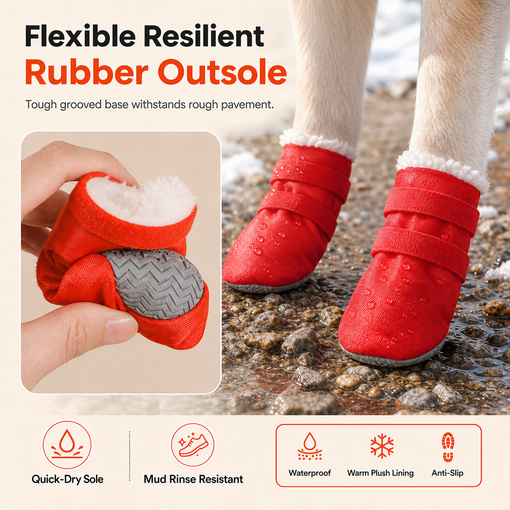 Waterproof Warm Winter Dog Boots with Non-Slip Soft Soles