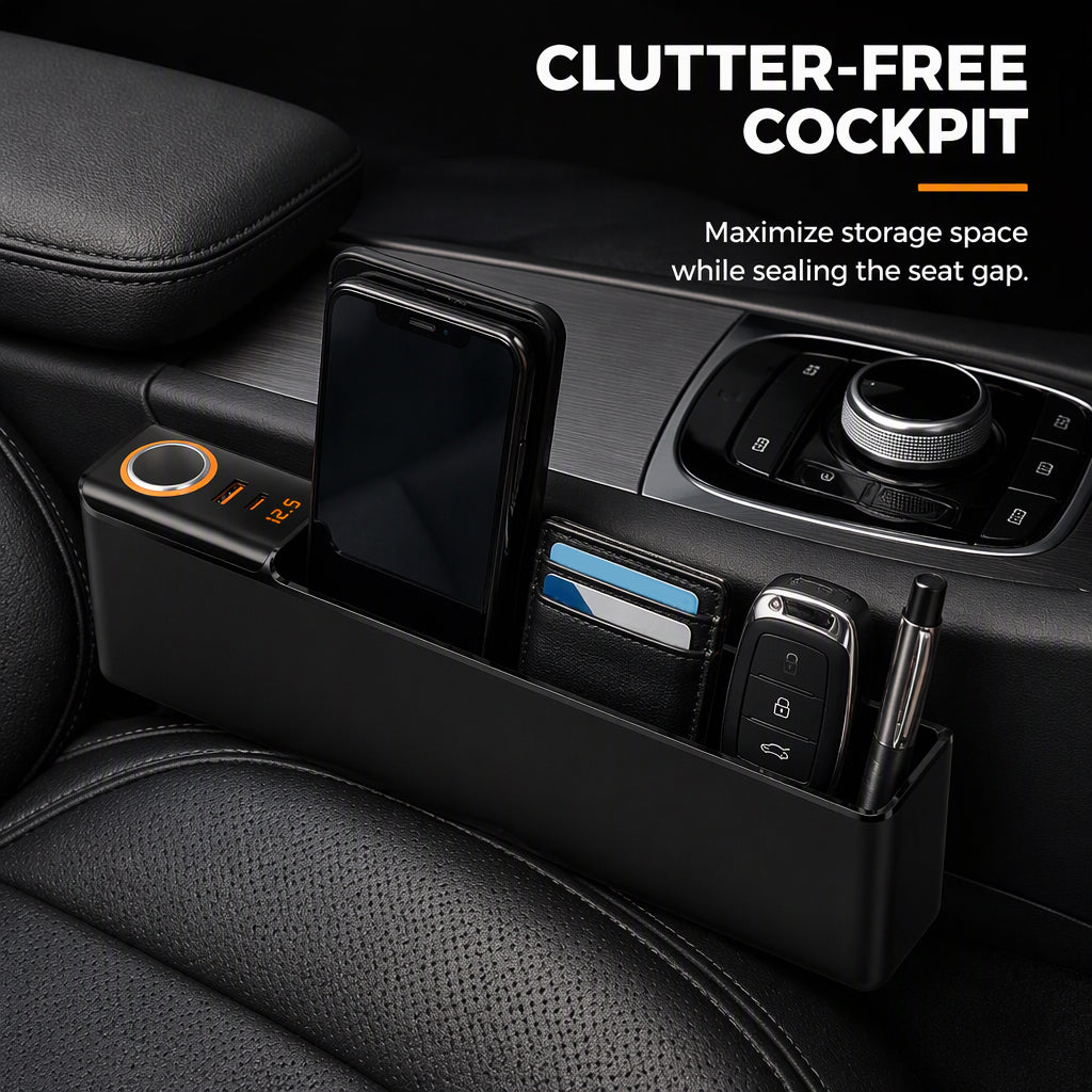 Multifunctional Car Seat Gap Organizer Box with USB Charging Ports
