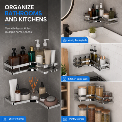 No Drill Bathroom Corner Shelf with 8mm Thickened Flat Bar Triangular Shower Organizer Rack
