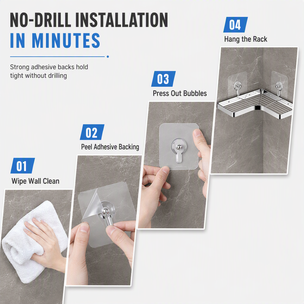 No Drill Bathroom Corner Shelf with 8mm Thickened Flat Bar Triangular Shower Organizer Rack