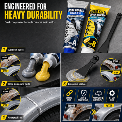 🥳2026 HOT SALE🥳💞50K+ SOLD! 🔧⛵ 50% OFF! Boat Trailer Metal Repair Glue – two-component AB adhesive, mixes easily & bonds metal mudguards firmly. Vibration-proof, waterproof, heavy-duty repair! 🛡️💪