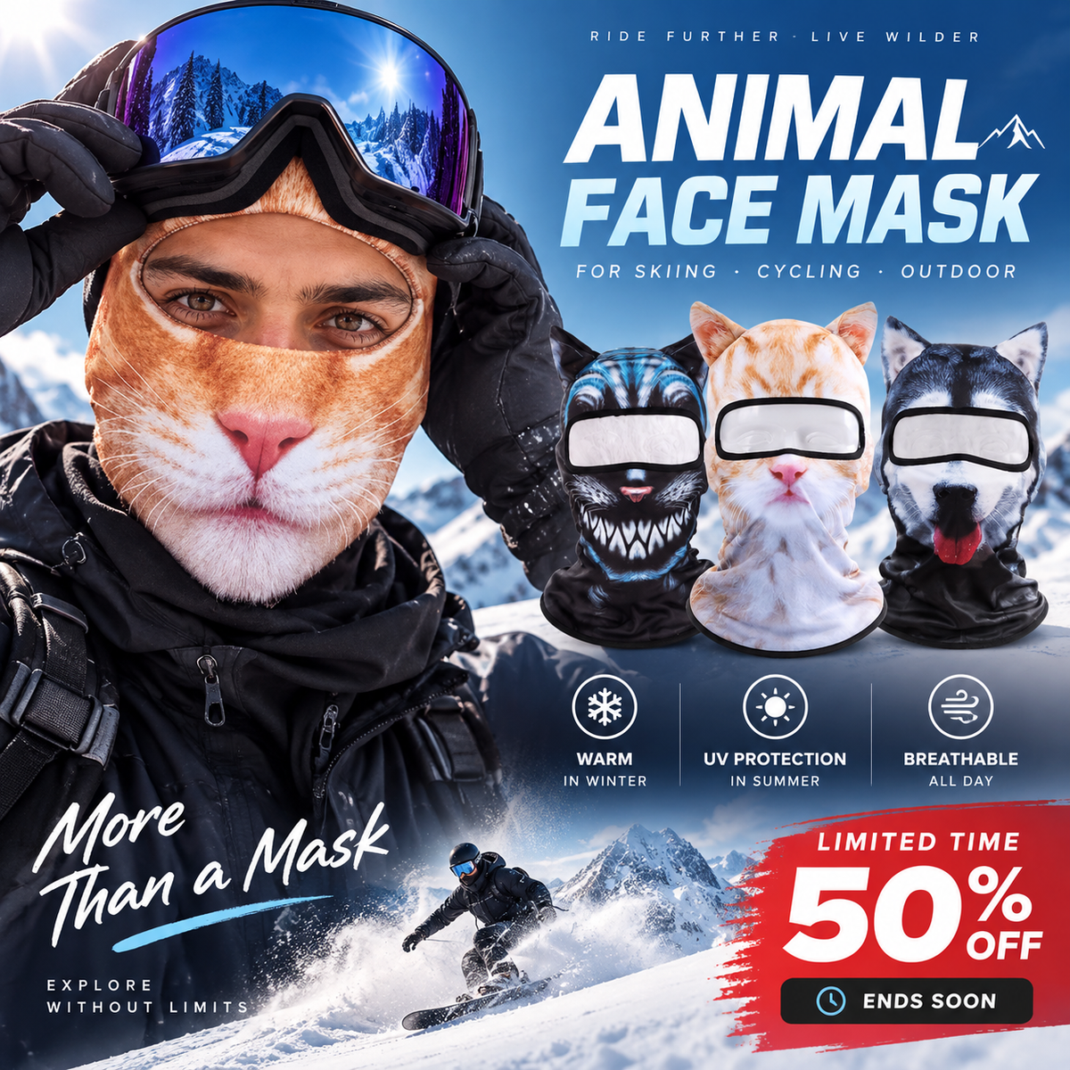 🐺3D Animal Print Face‑Kini | UV Sun Protection Full‑Face Balaclava for Outdoor & Cosplay