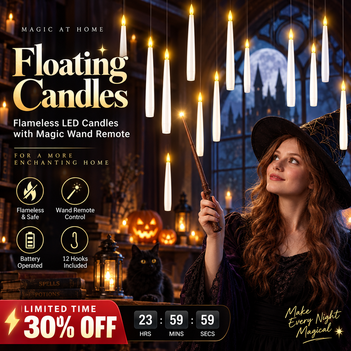Flameless LED Floating Candles – 6.6-Inch Battery-Operated, Includes Wand Remote & 12 Hooks; Perfect for Christmas and Indoor Halloween Decor; A Whimsical Gift