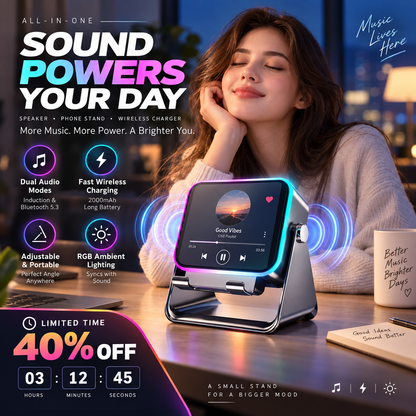 5-in-1 Wireless Induction Bluetooth Speaker with Adjustable Phone Stand