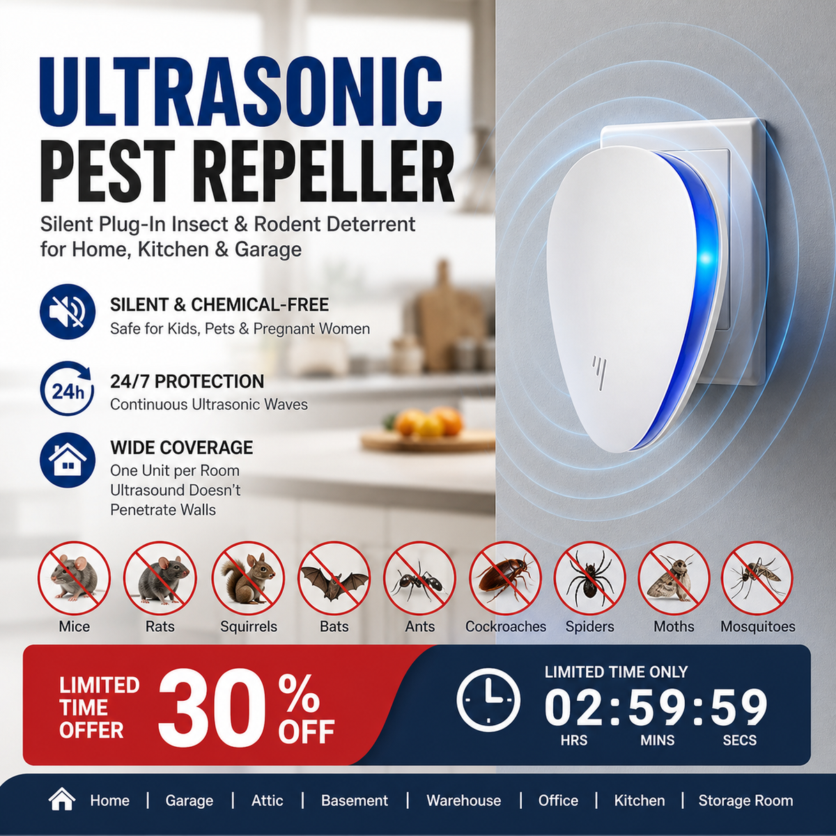 🦟 Ultrasonic Pest Repeller – Silent Plug-In Insect & Rodent Deterrent for Home, Kitchen & Garage