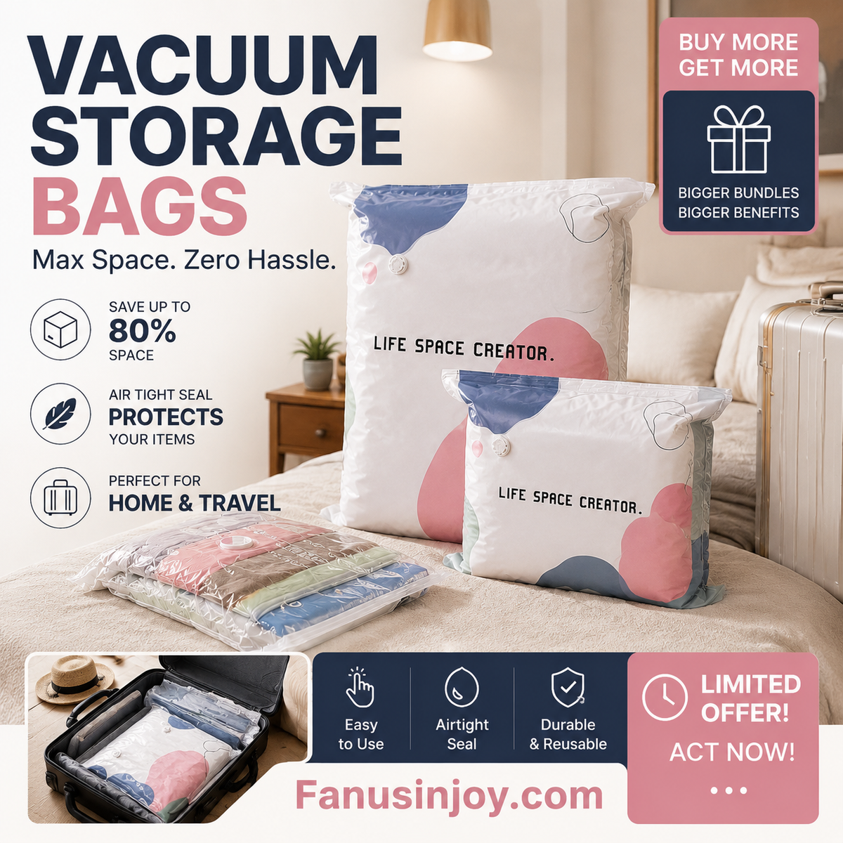 💥Increase storage space by 80%！No-Pump Large Vacuum Storage Compression Bags