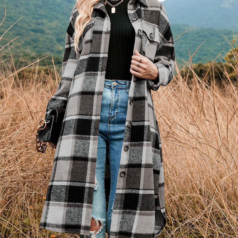 [Best Gift For Her] Women's Plaid Print Long Sleeve Warm Tweed Coat