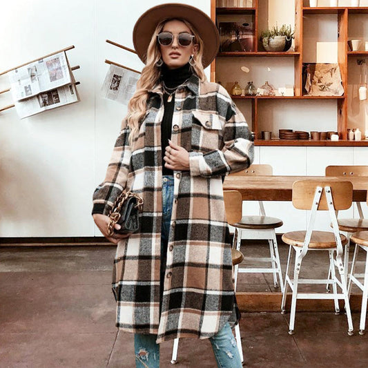 [Best Gift For Her] Women's Plaid Print Long Sleeve Warm Tweed Coat