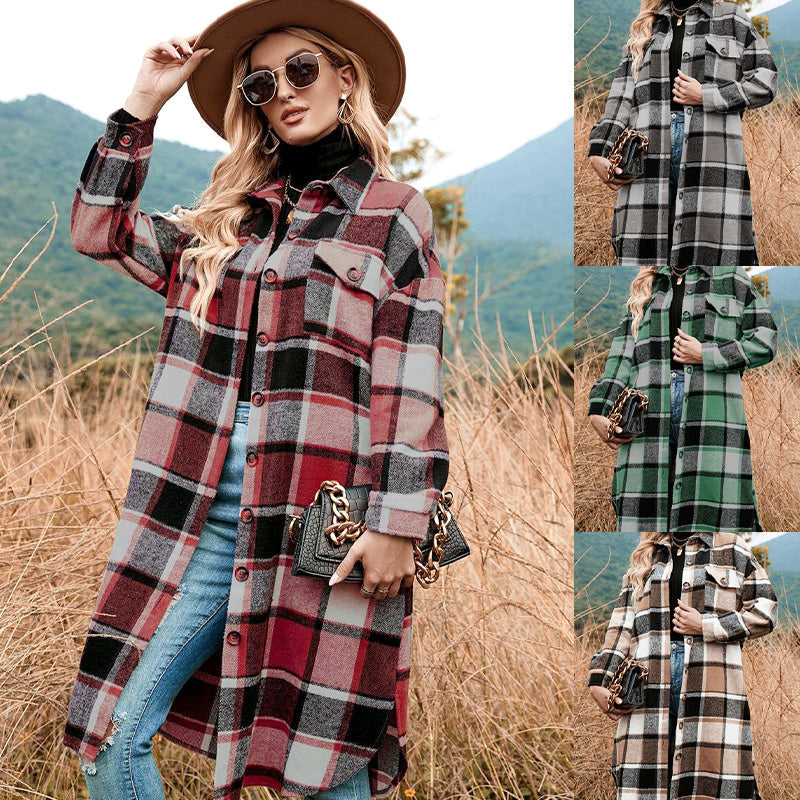 [Best Gift For Her] Women's Plaid Print Long Sleeve Warm Tweed Coat