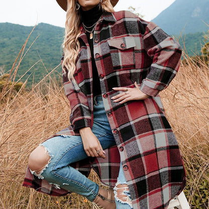 [Best Gift For Her] Women's Plaid Print Long Sleeve Warm Tweed Coat