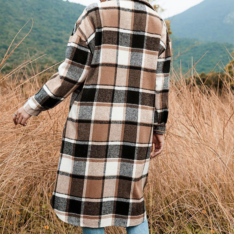 [Best Gift For Her] Women's Plaid Print Long Sleeve Warm Tweed Coat