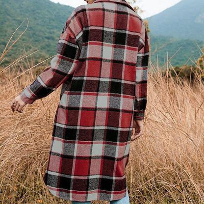 [Best Gift For Her] Women's Plaid Print Long Sleeve Warm Tweed Coat