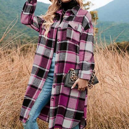[Best Gift For Her] Women's Plaid Print Long Sleeve Warm Tweed Coat