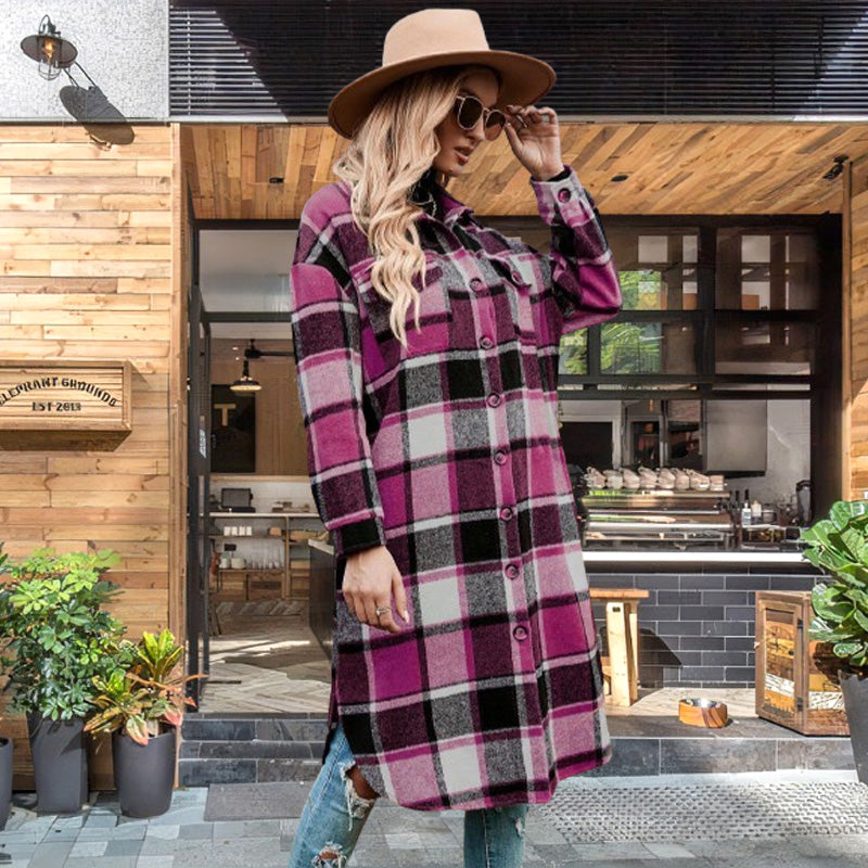 [Best Gift For Her] Women's Plaid Print Long Sleeve Warm Tweed Coat