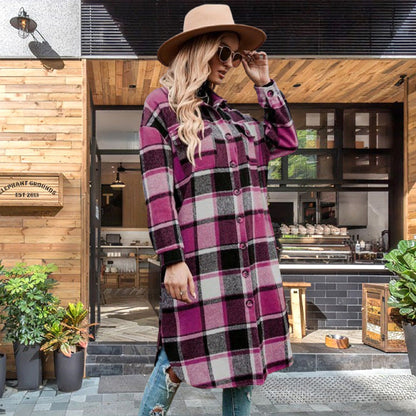 [Best Gift For Her] Women's Plaid Print Long Sleeve Warm Tweed Coat