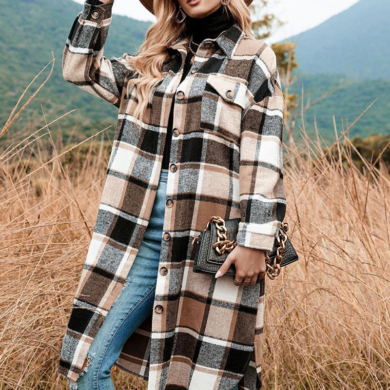 [Best Gift For Her] Women's Plaid Print Long Sleeve Warm Tweed Coat