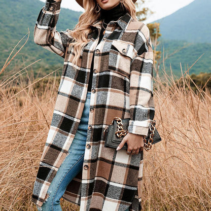 [Best Gift For Her] Women's Plaid Print Long Sleeve Warm Tweed Coat