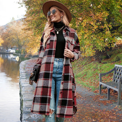 [Best Gift For Her] Women's Plaid Print Long Sleeve Warm Tweed Coat
