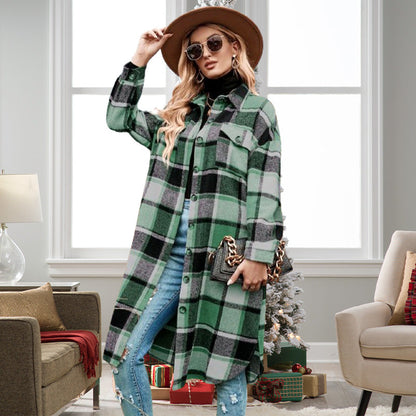 [Best Gift For Her] Women's Plaid Print Long Sleeve Warm Tweed Coat