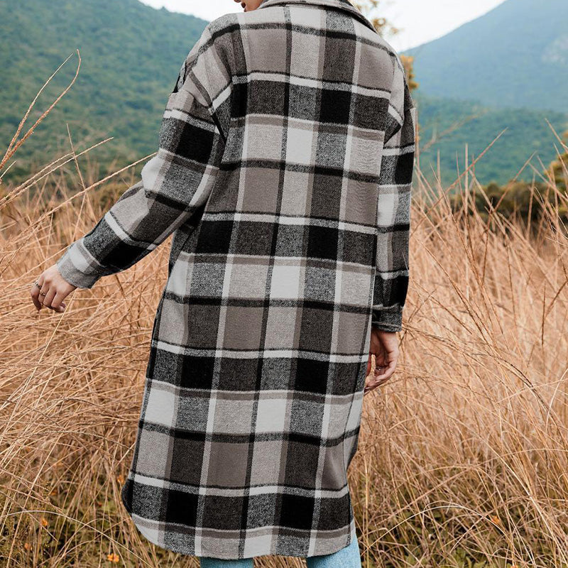 [Best Gift For Her] Women's Plaid Print Long Sleeve Warm Tweed Coat