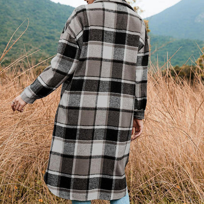 [Best Gift For Her] Women's Plaid Print Long Sleeve Warm Tweed Coat