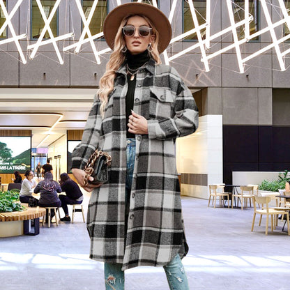 [Best Gift For Her] Women's Plaid Print Long Sleeve Warm Tweed Coat