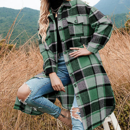 [Best Gift For Her] Women's Plaid Print Long Sleeve Warm Tweed Coat