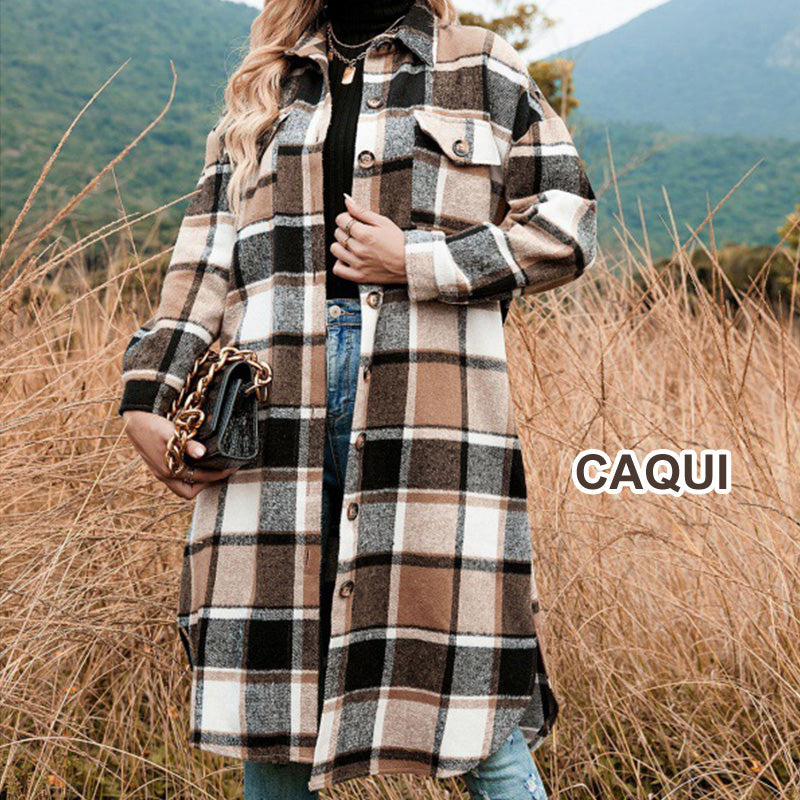 [Best Gift For Her] Women's Plaid Print Long Sleeve Warm Tweed Coat